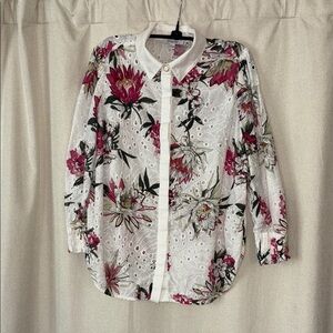 Chico's White and Pink 3/4 Sleeve Button Down Shirt